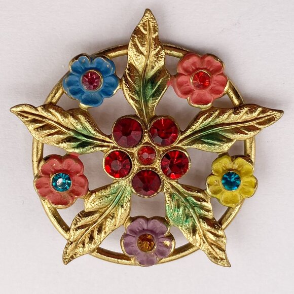 VINTAGE Gold tone metal, enamel, and rhinestone flower brooch ~ 1930s 1940s pin - Picture 8 of 10